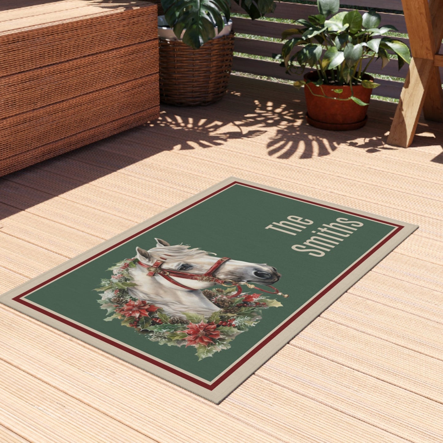 Personalized Christmas White Horse Head Outdoor Holiday Rug - FlooredByArt