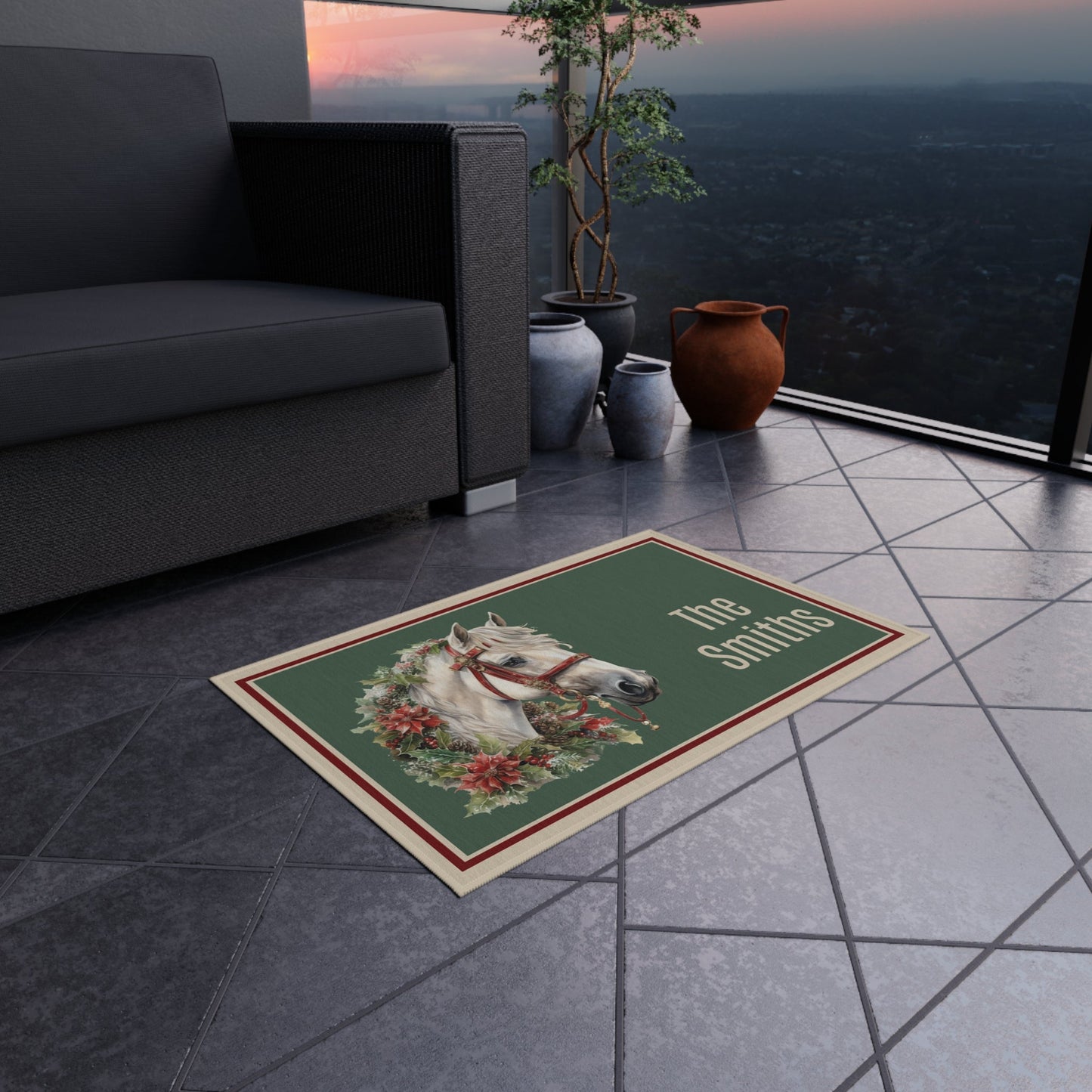 Personalized Christmas White Horse Head Outdoor Holiday Rug - FlooredByArt