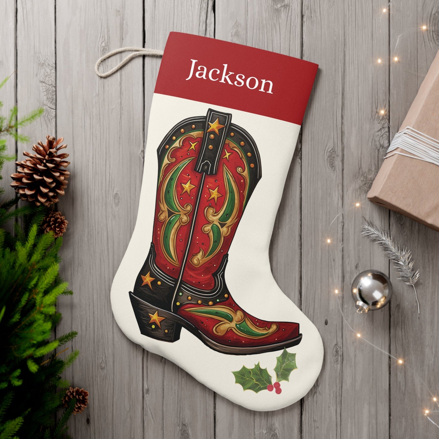 Personalized Cowboy Boots Christmas Stocking, Country Western, Printed Name on Extra Large Stocking - FlooredByArt