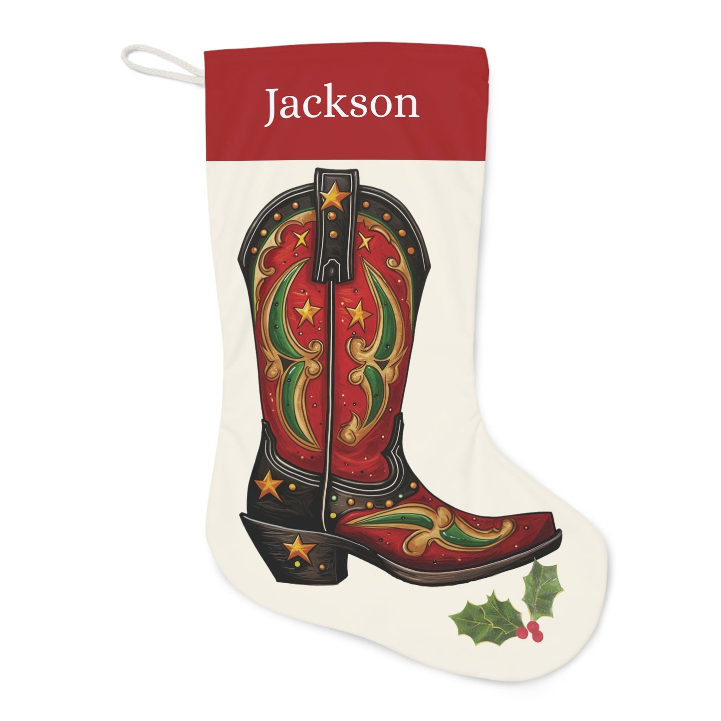 Personalized Cowboy Boots Christmas Stocking, Country Western, Printed Name on Extra Large Stocking - FlooredByArt