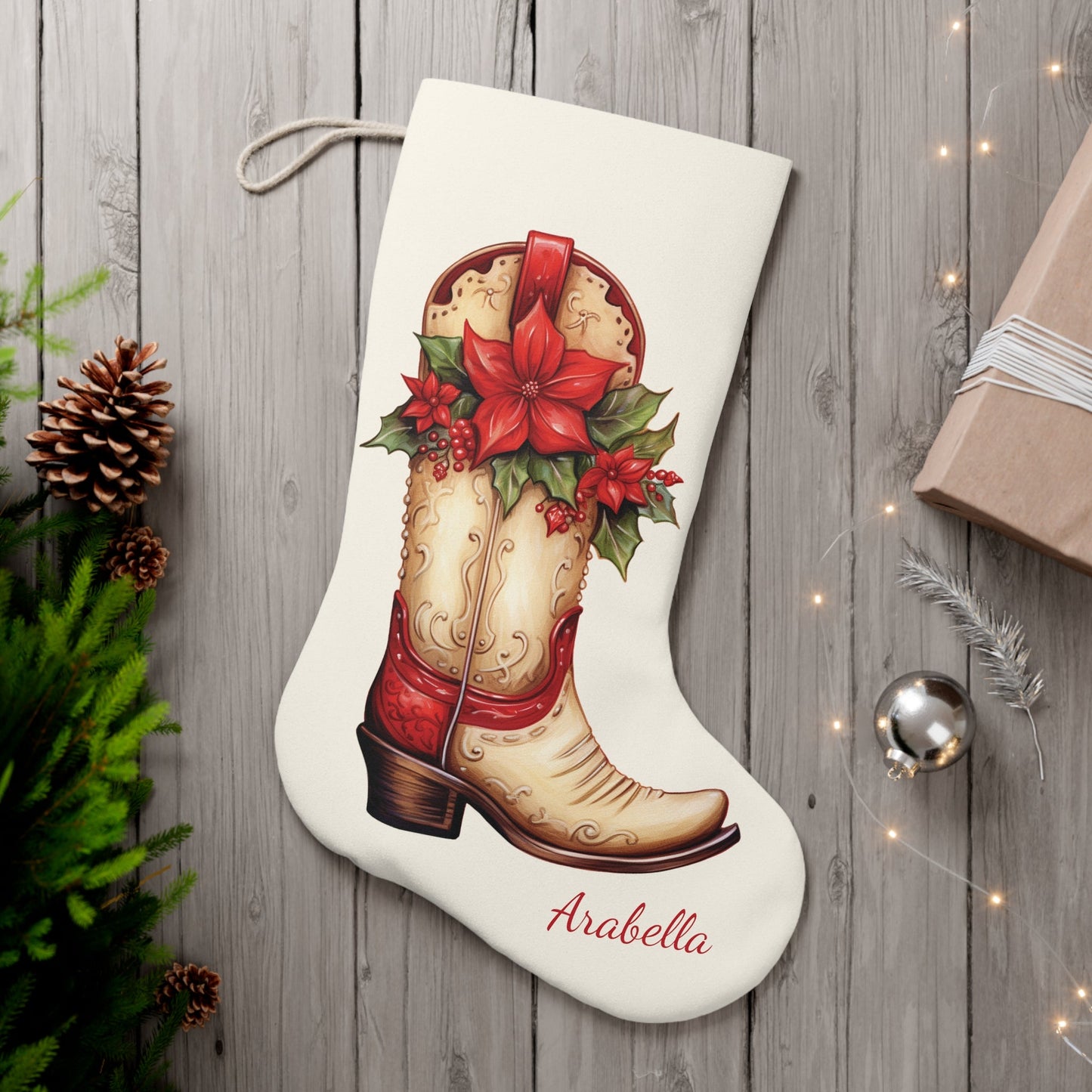 Personalized Cowgirl Boots Christmas Stocking, Country Western, Name on Extra Large Stocking - FlooredByArt