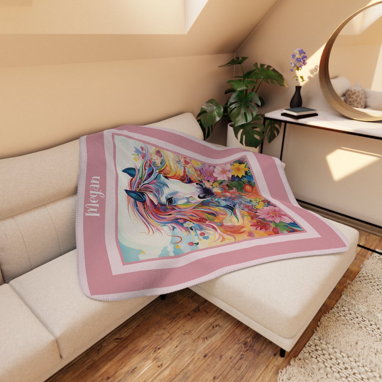 Personalized Dream Horse in Garden Sherpa Blanket - 50" x 60" - FlooredByArt