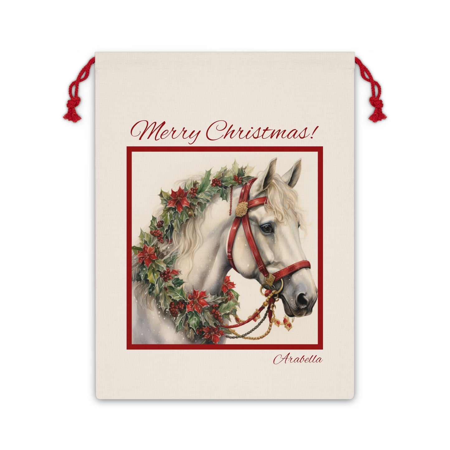 Personalized Horse Gift Bag, 20"x26" Christmas Horse Linen Bag, Unique Artwork, Horse Head Christmas Bag, Merry Christmas Bag for Gift - FlooredByArt