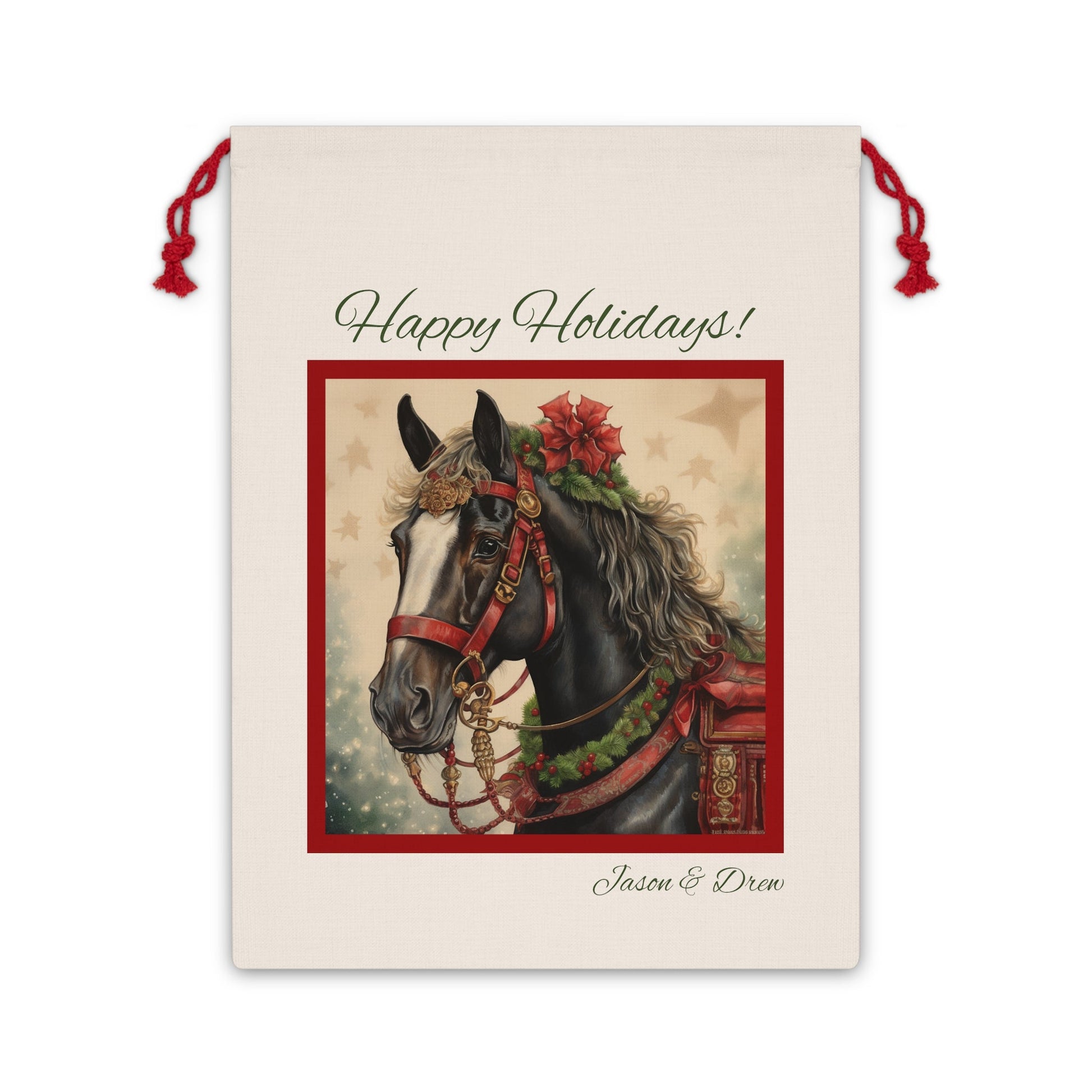 Personalized Horse Gift Bag, Large AP 20"x26" Christmas Horse Linen Bag, Unique Artwork, Horse Christmas Bag, Merry Christmas Bag for Gift - FlooredByArt