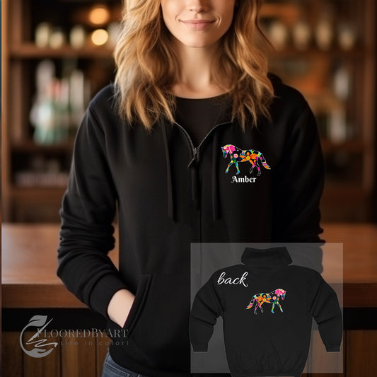Personalized Ladies Horse Full Zip Hoodie Jacket, Bright Floral Horse Pattern - FlooredByArt