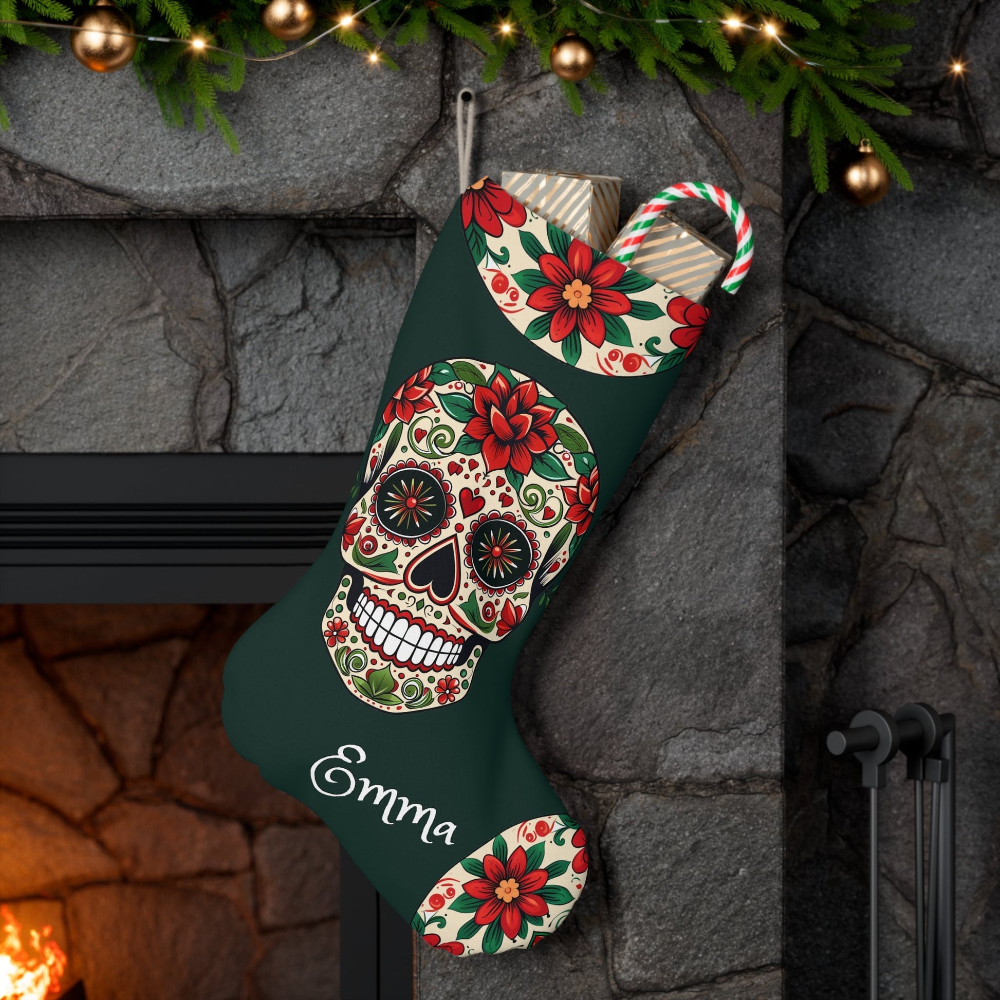 Personalized Sugar Skull Christmas Stocking: Extra Large Day of the Dead Stocking - FlooredByArt