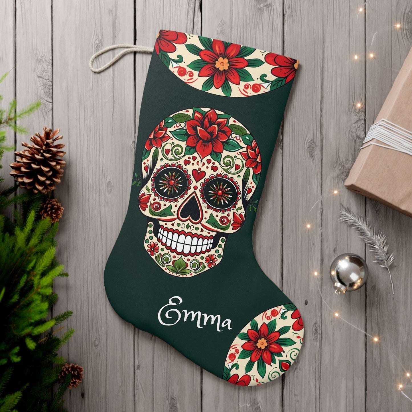 Personalized Sugar Skull Christmas Stocking: Extra Large Day of the Dead Stocking - FlooredByArt