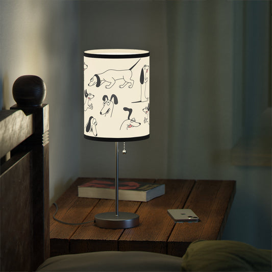 Playful Dog Lamp, Black and White Line Drawings of Dogs Accent Desk Lamp, Lamp Art - FlooredByArt