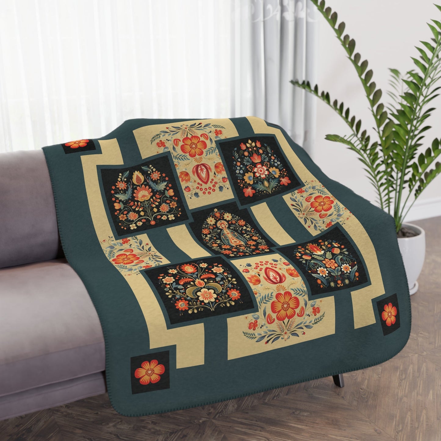 Russian Doll Khokhloma "Styled" Folk Art Throw Blanket, Floral Arts Garden Throw - FlooredByArt