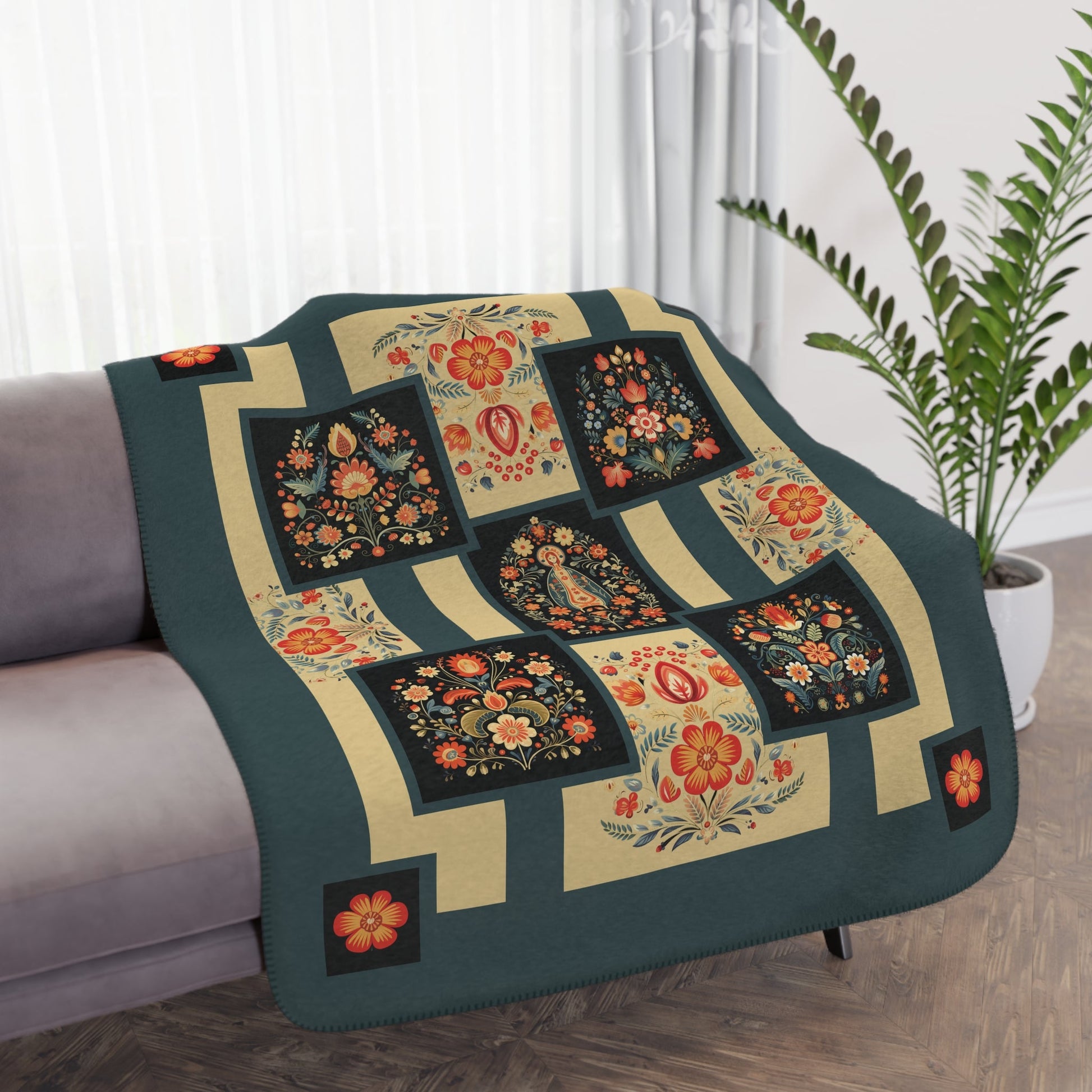 Russian Doll Khokhloma "Styled" Folk Art Throw Blanket, Floral Arts Garden Throw - FlooredByArt