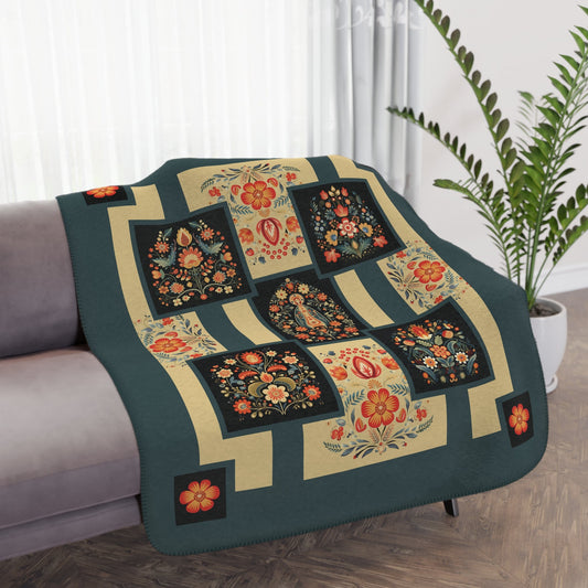 Russian Doll Khokhloma "Styled" Folk Art Throw Blanket, Floral Arts Garden Throw - FlooredByArt