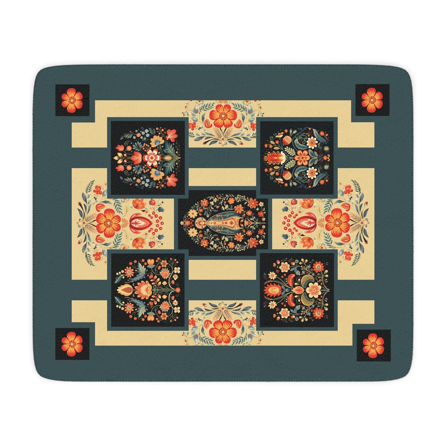 Russian Doll Khokhloma "Styled" Folk Art Throw Blanket, Floral Arts Garden Throw - FlooredByArt