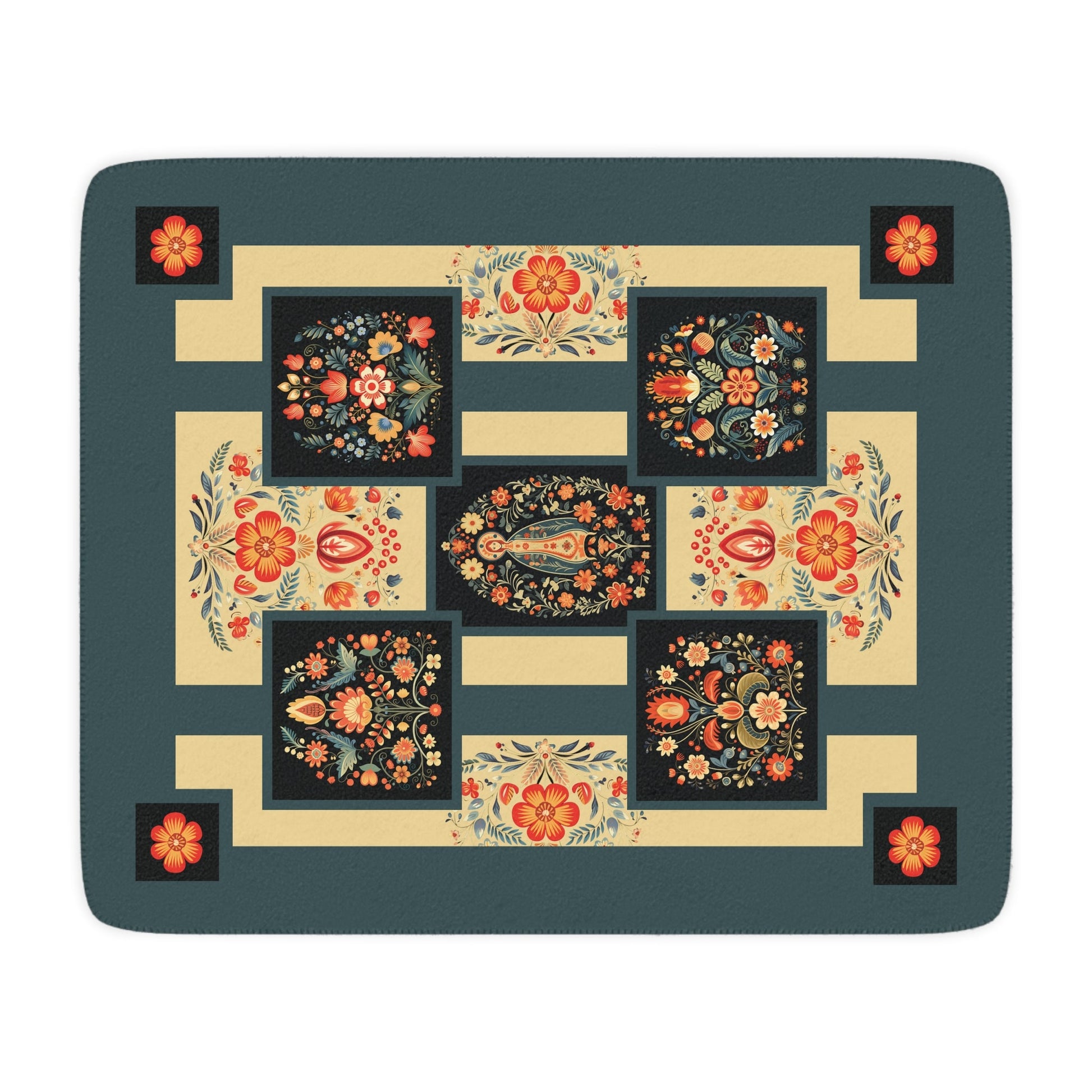 Russian Doll Khokhloma "Styled" Folk Art Throw Blanket, Floral Arts Garden Throw - FlooredByArt