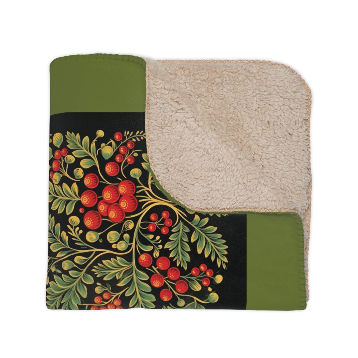 Russian Khokhloma "Styled" Folk Art Throw Blanket, Floral Art, Rowan Berries Garden Throw - FlooredByArt