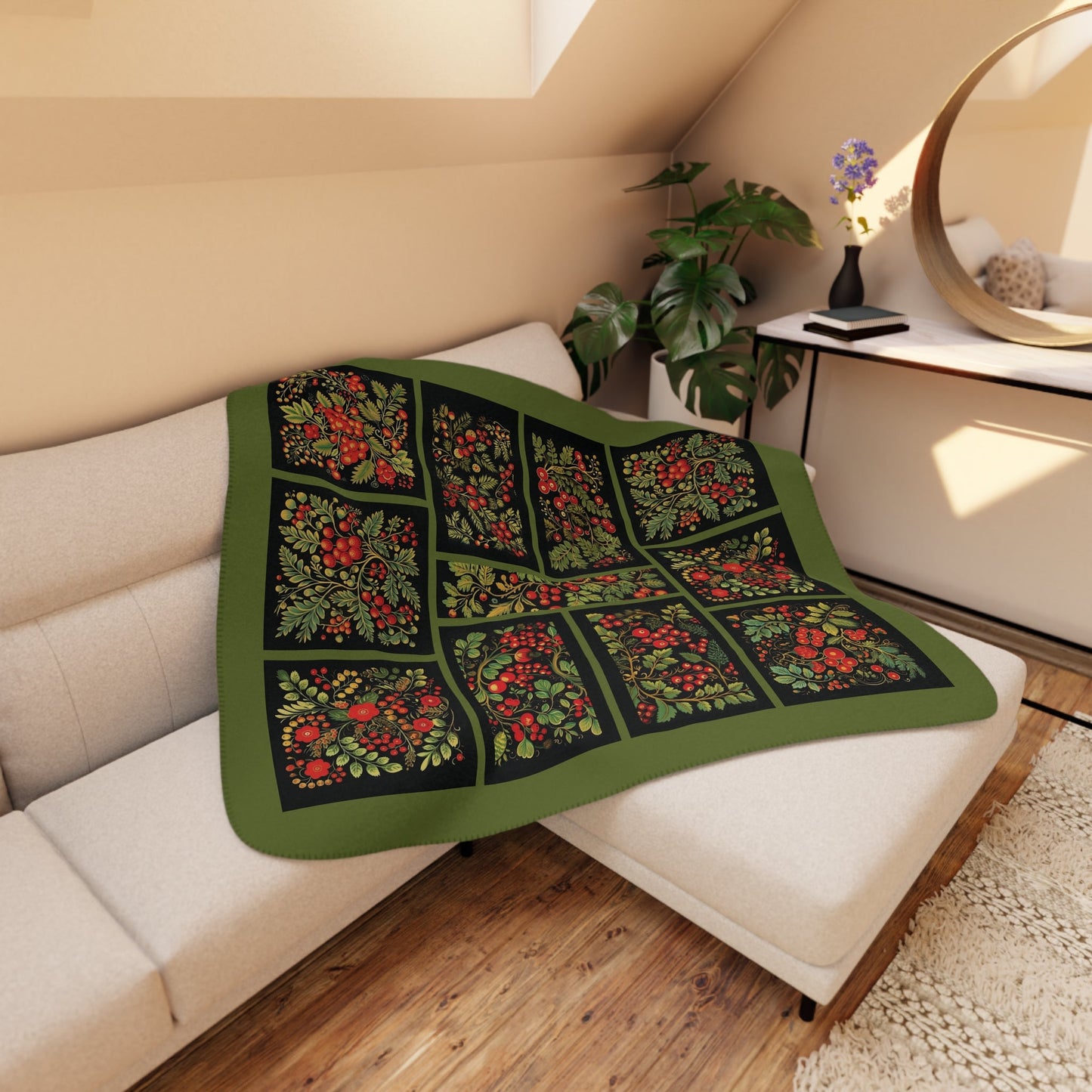 Russian Khokhloma "Styled" Folk Art Throw Blanket, Floral Art, Rowan Berries Garden Throw - FlooredByArt