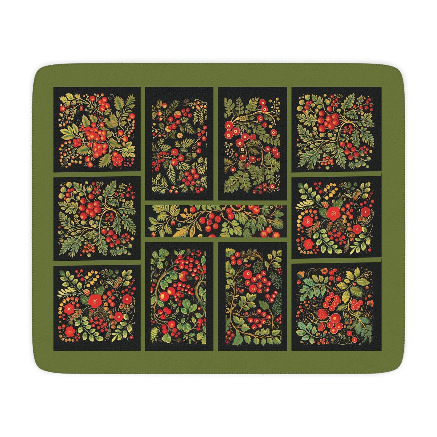 Russian Khokhloma "Styled" Folk Art Throw Blanket, Floral Art, Rowan Berries Garden Throw - FlooredByArt