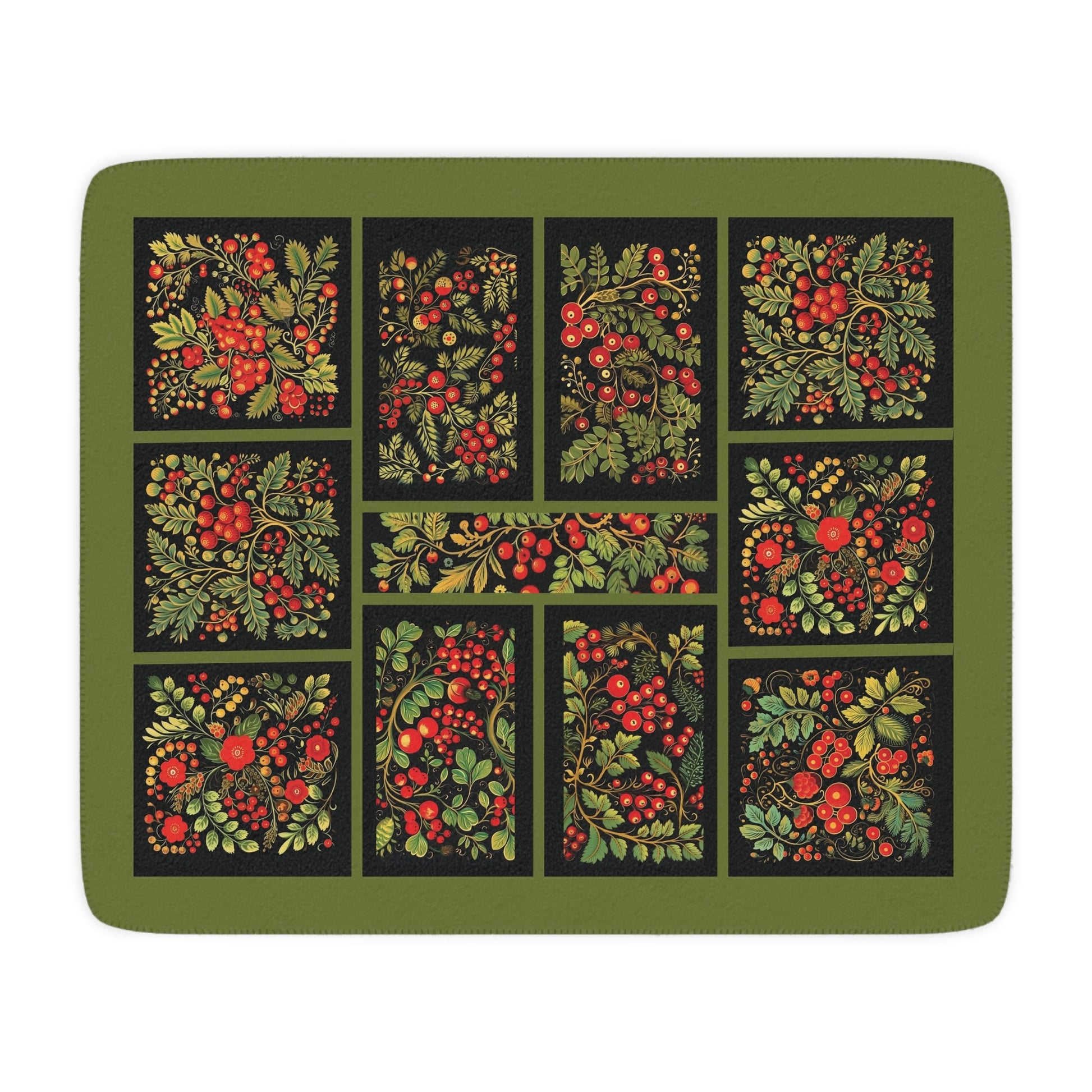 Russian Khokhloma "Styled" Folk Art Throw Blanket, Floral Art, Rowan Berries Garden Throw - FlooredByArt