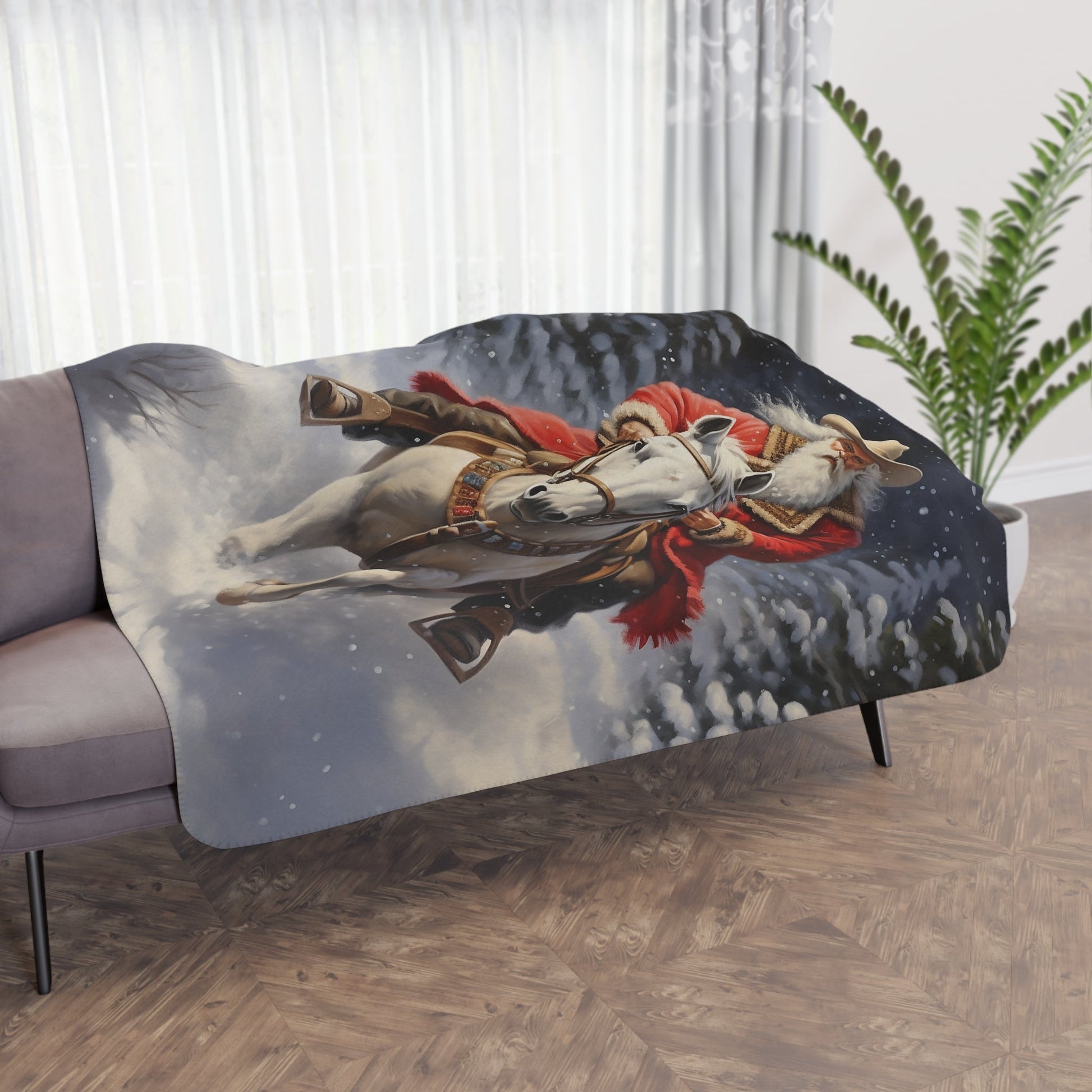 Santa Claus Cowboy with Horse Blanket Throw - A Timeless Holiday Keepsake for Horse Lovers - FlooredByArt