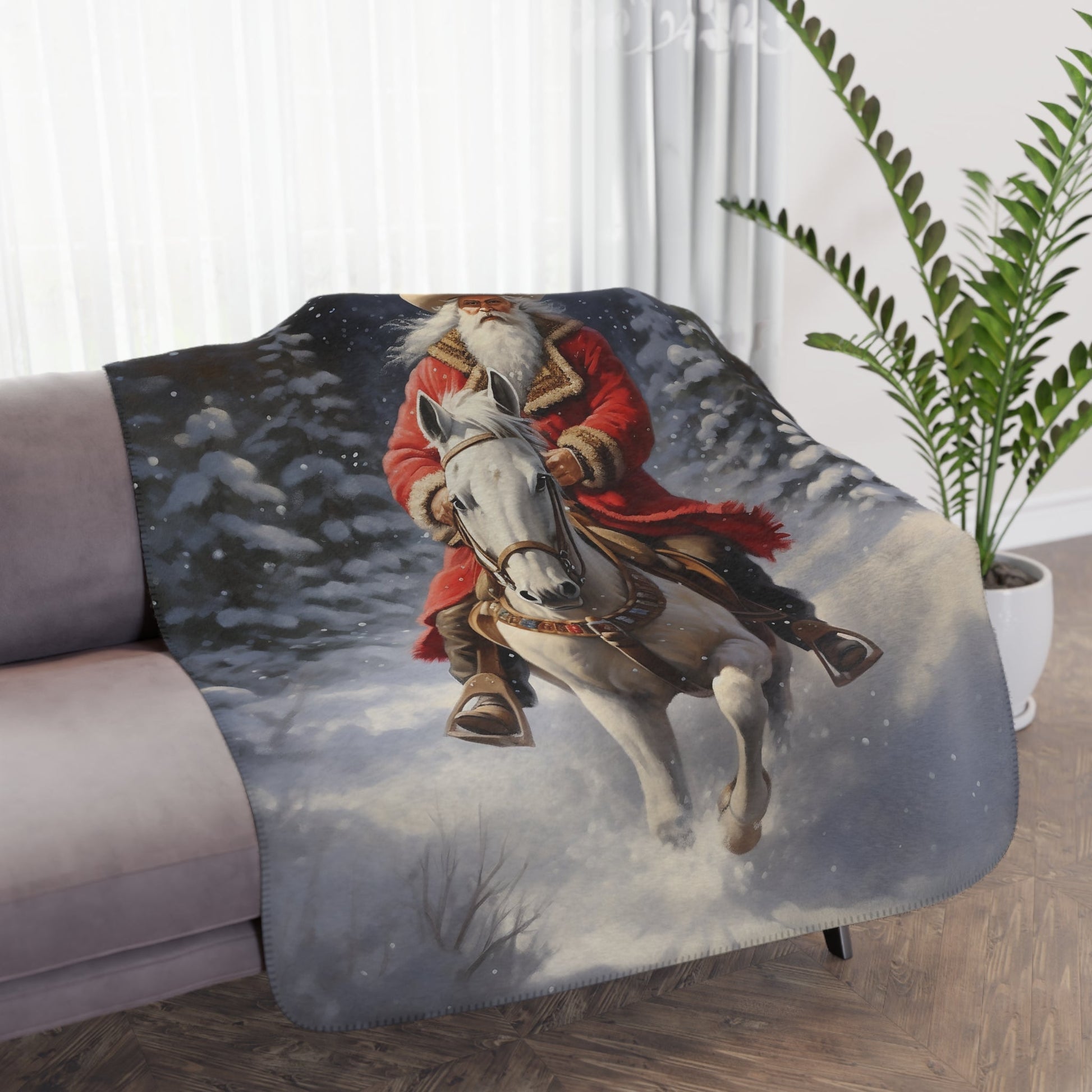 Santa Claus Cowboy with Horse Blanket Throw - A Timeless Holiday Keepsake for Horse Lovers - FlooredByArt