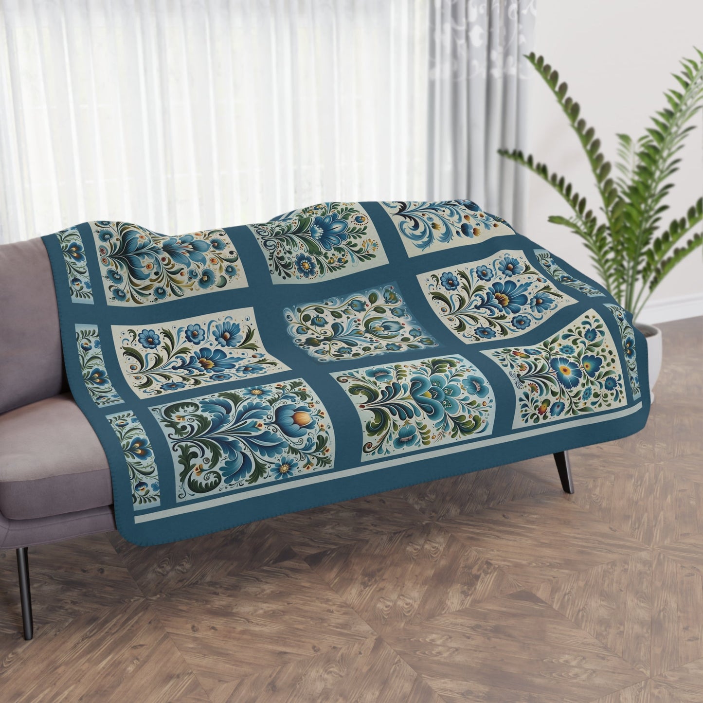 Scandi Blue Folk Art Blanket, Scandinavian Art Style - Original Design Blanket Throw - FlooredByArt