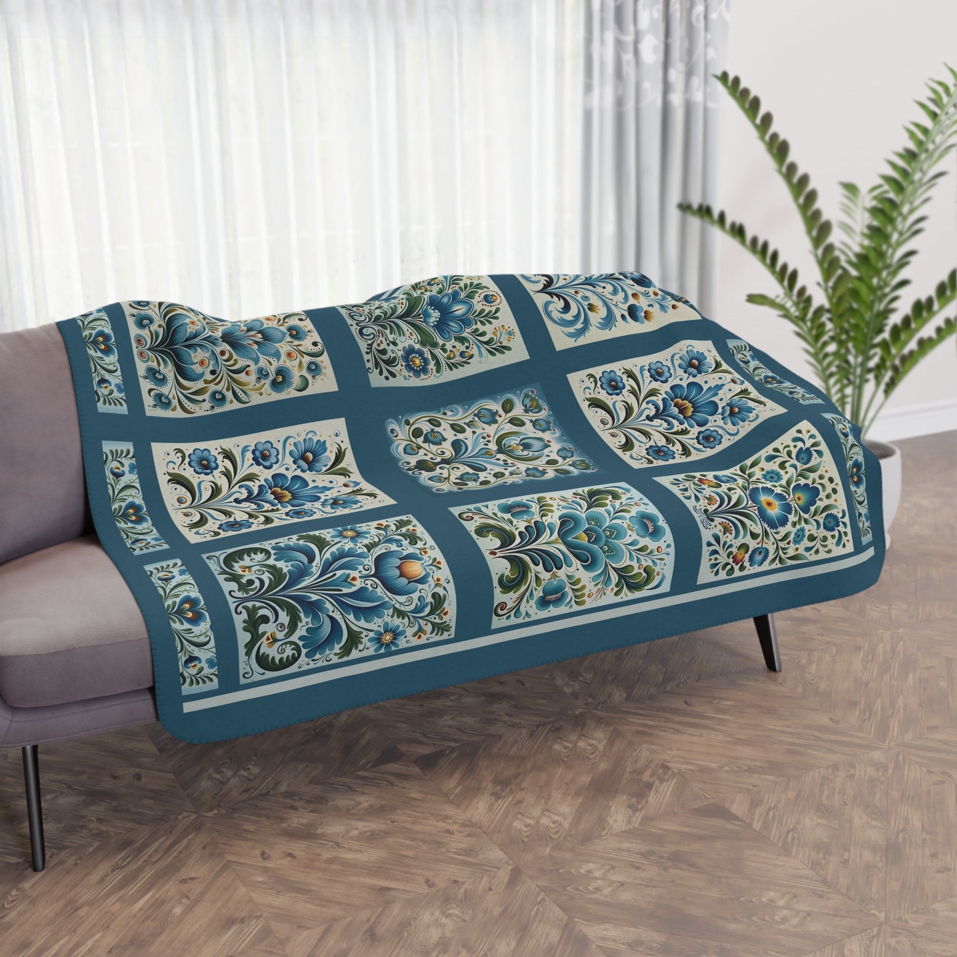 Scandi Blue Folk Art Blanket, Scandinavian Art Style - Original Design Blanket Throw - FlooredByArt
