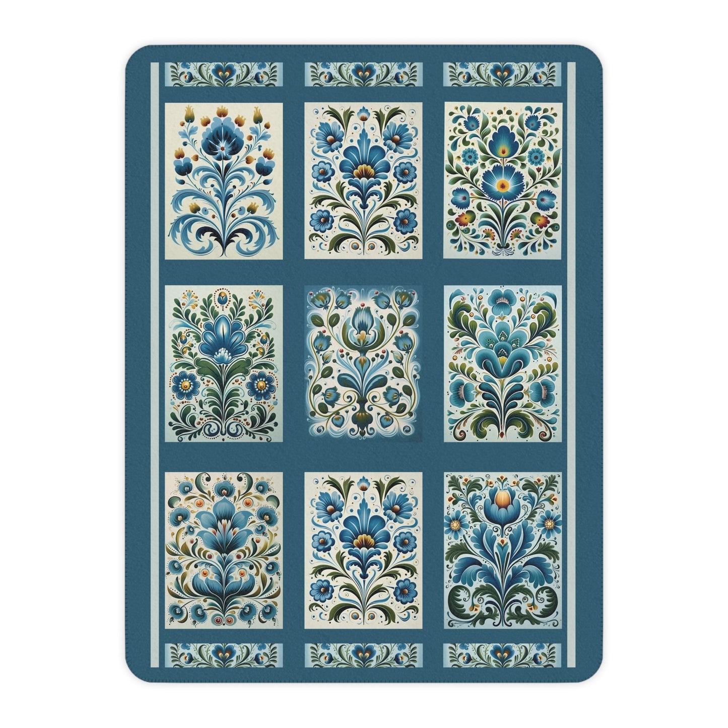 Scandi Blue Folk Art Blanket, Scandinavian Art Style - Original Design Blanket Throw - FlooredByArt