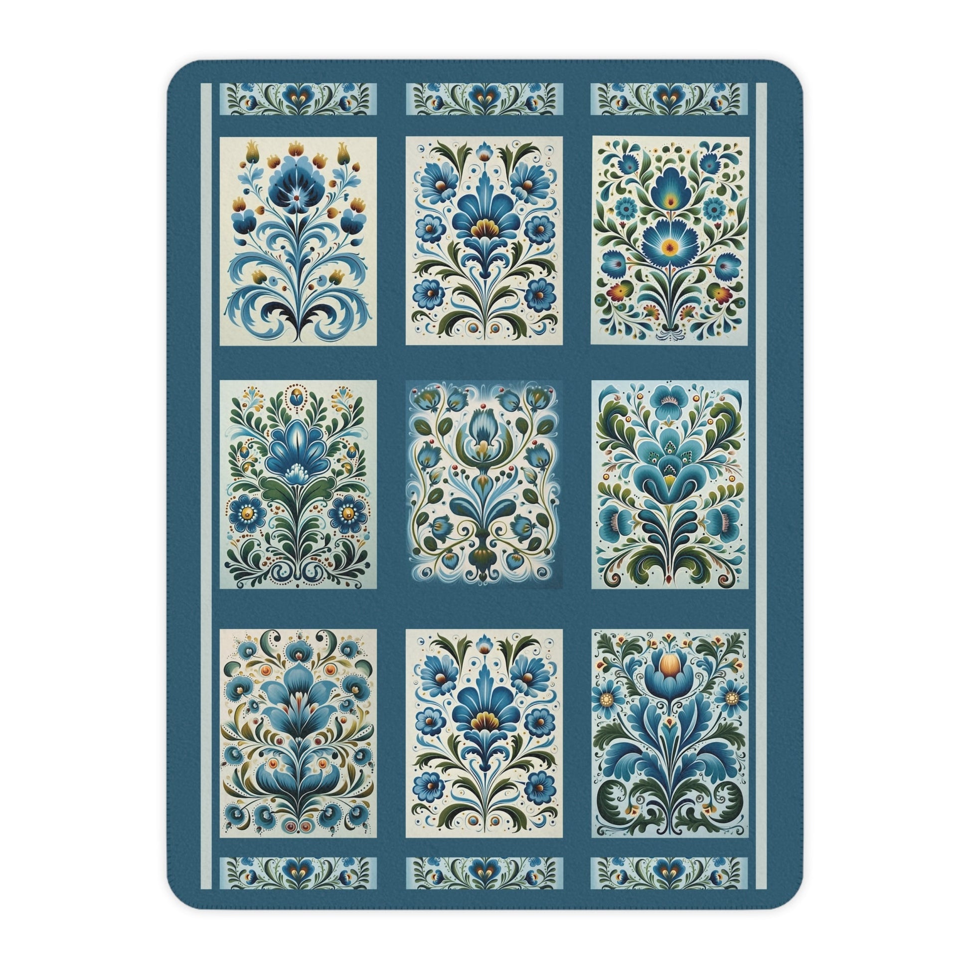 Scandi Blue Folk Art Blanket, Scandinavian Art Style - Original Design Blanket Throw - FlooredByArt