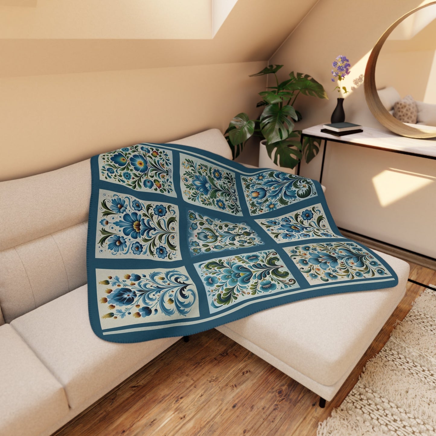 Scandi Blue Folk Art Blanket, Scandinavian Art Style - Original Design Blanket Throw - FlooredByArt