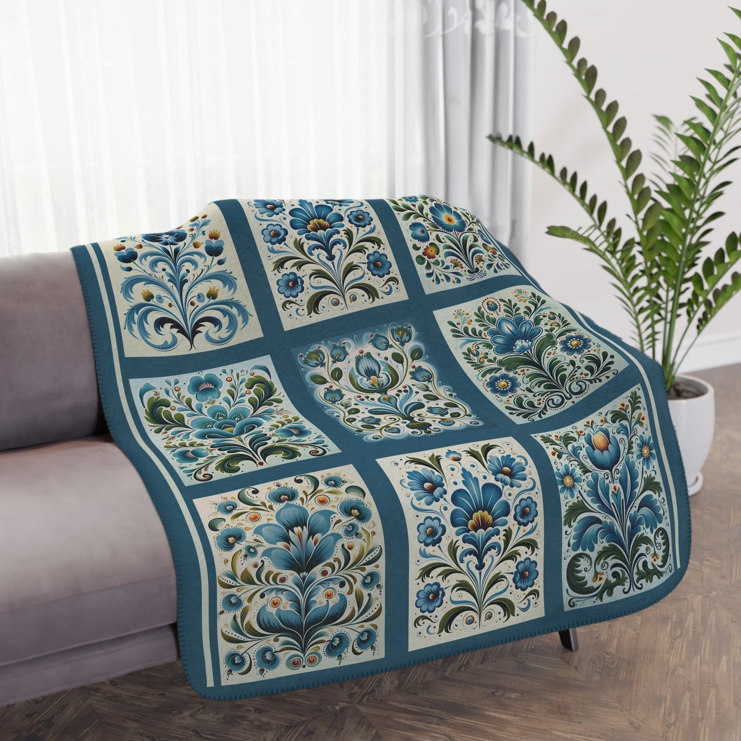 Scandi Blue Folk Art Blanket, Scandinavian Art Style - Original Design Blanket Throw - FlooredByArt