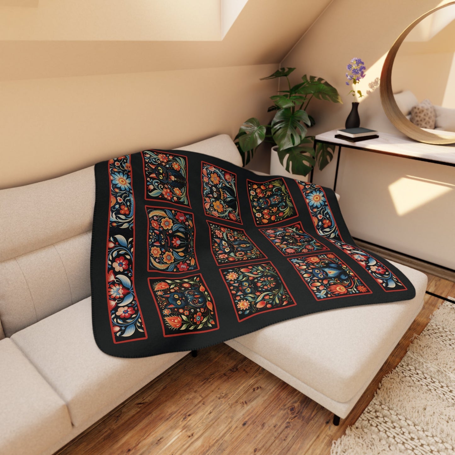 Scandi Folk Art Black Cat Blanket, Scandinavian Art Style - Boho Design Throw - FlooredByArt