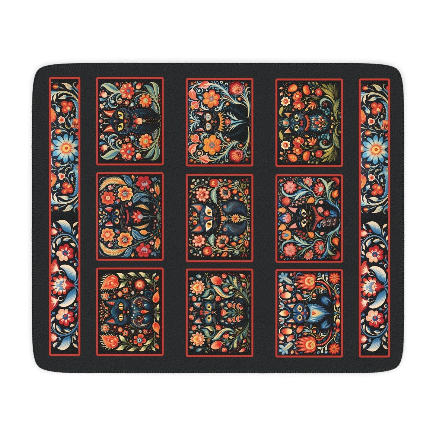 Scandi Folk Art Black Cat Blanket, Scandinavian Art Style - Boho Design Throw - FlooredByArt