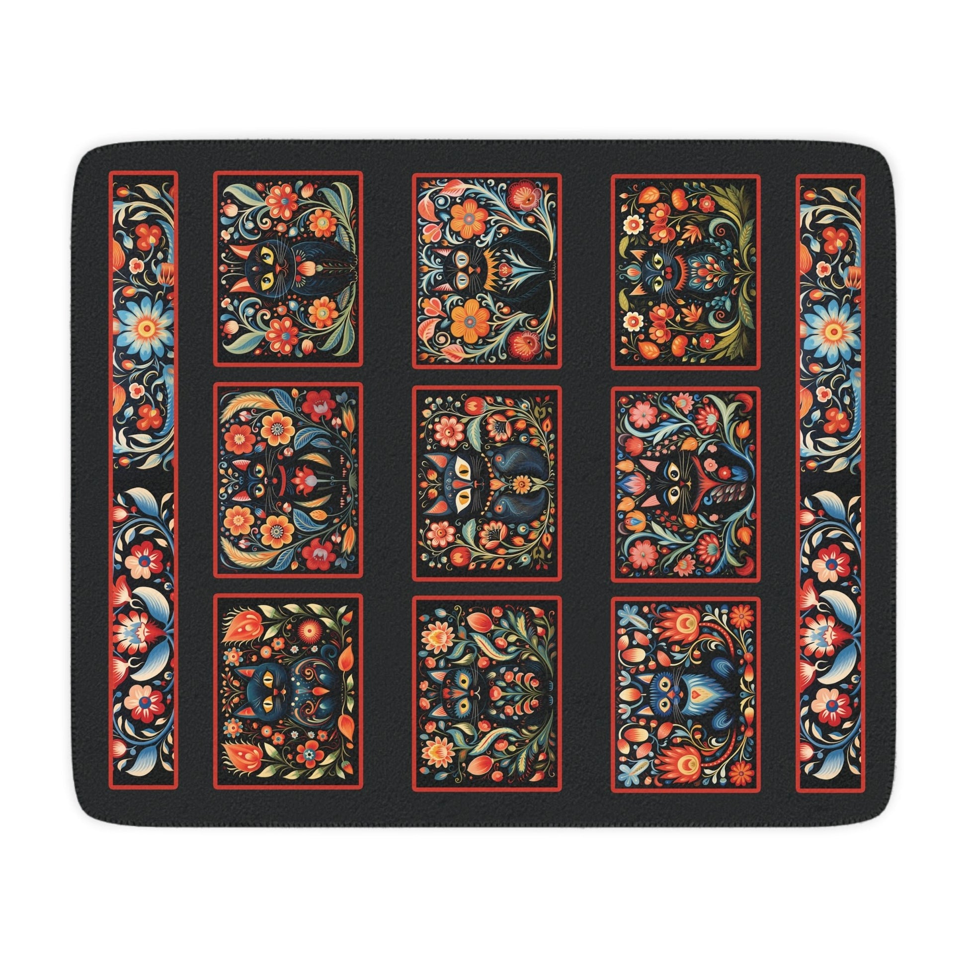 Scandi Folk Art Black Cat Blanket, Scandinavian Art Style - Boho Design Throw - FlooredByArt
