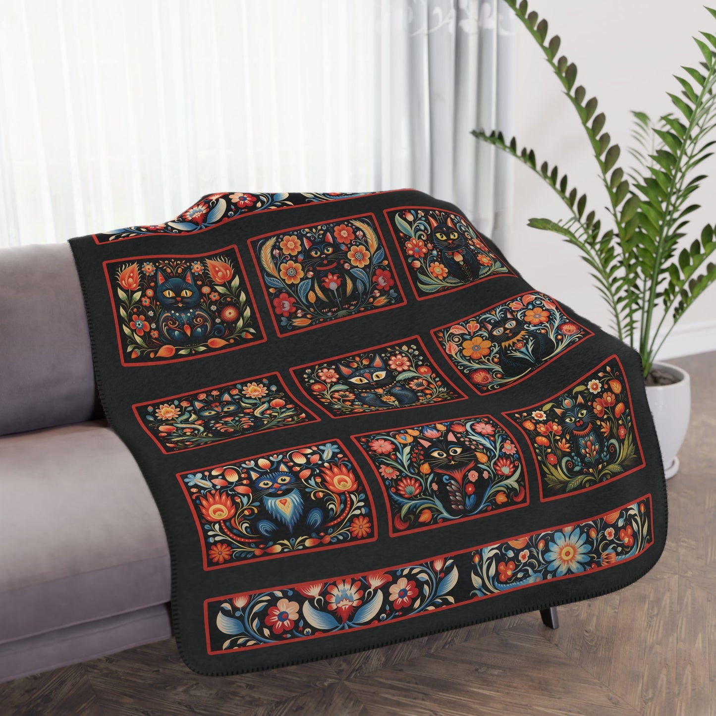 Scandi Folk Art Black Cat Blanket, Scandinavian Art Style - Boho Design Throw - FlooredByArt