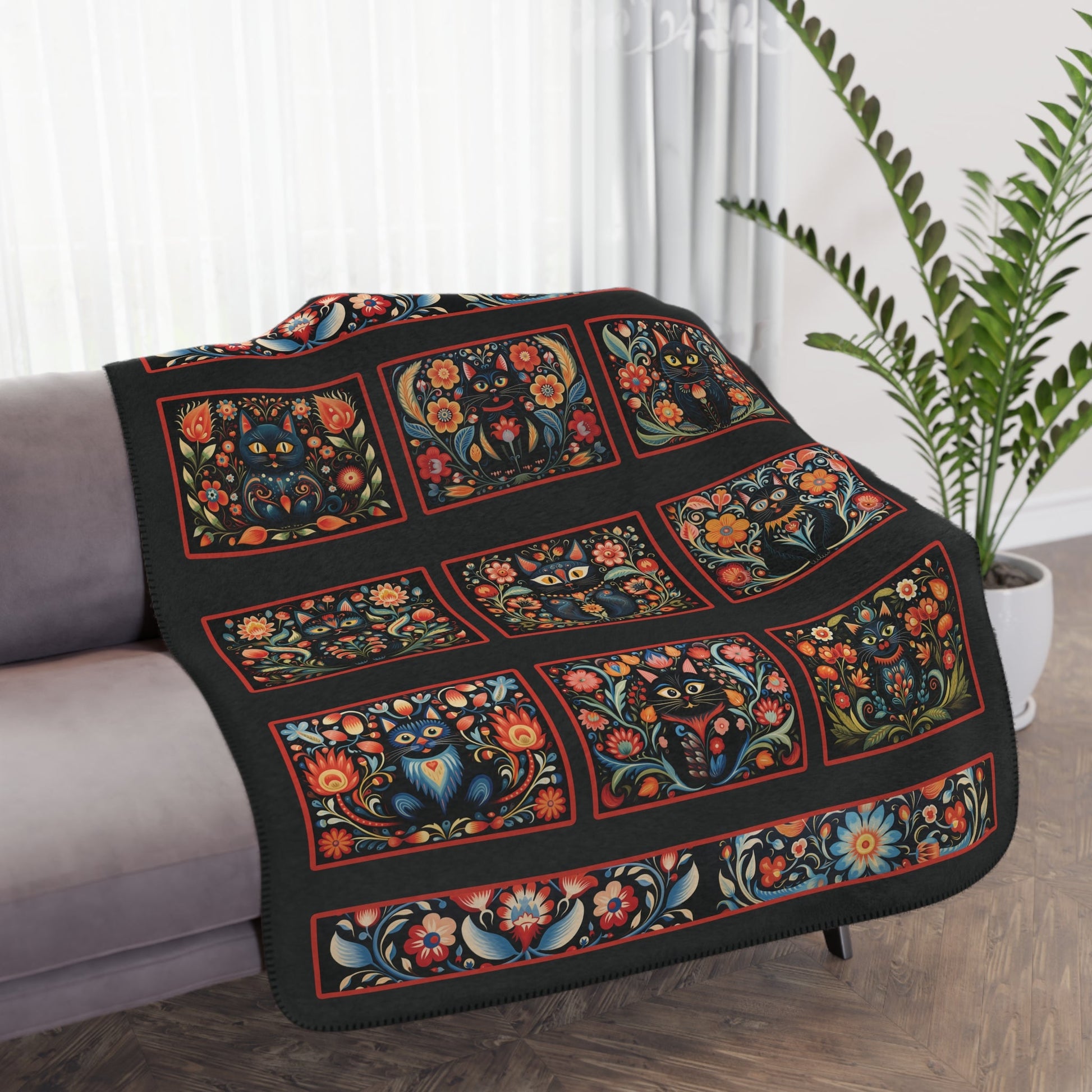 Scandi Folk Art Black Cat Blanket, Scandinavian Art Style - Boho Design Throw - FlooredByArt