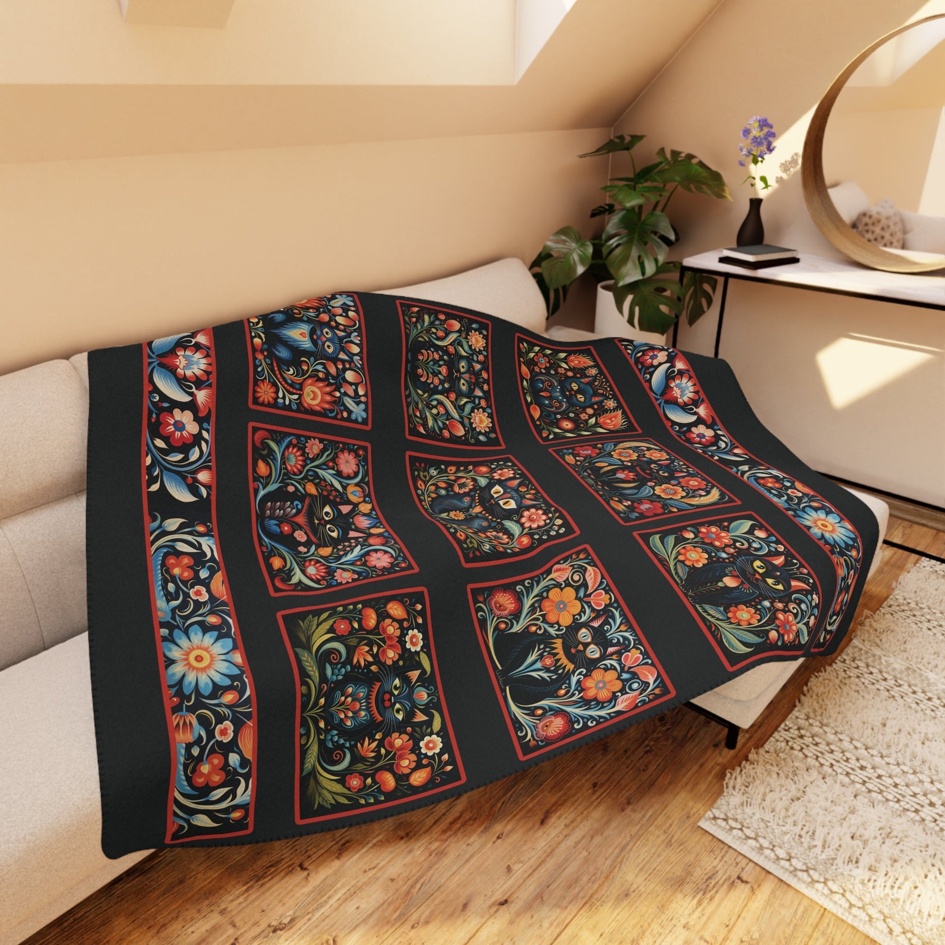 Scandi Folk Art Black Cat Blanket, Scandinavian Art Style - Boho Design Throw - FlooredByArt