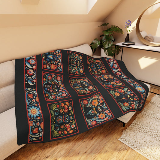 Scandi Folk Art Black Cat Blanket, Scandinavian Art Style - Boho Design Throw - FlooredByArt
