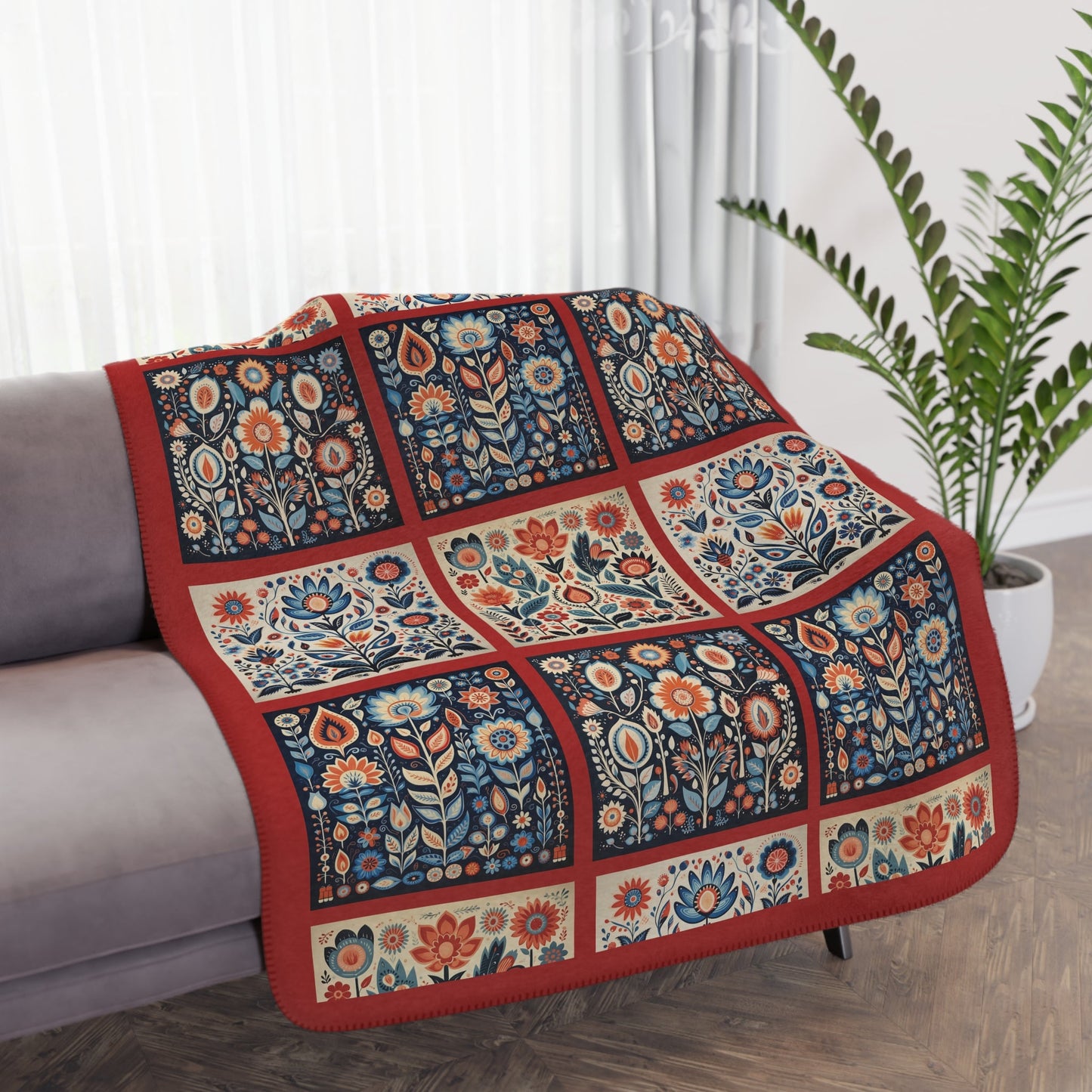 Scandi Folk Art Blanket, Scandinavian Art Style - Folk Art - Romantic Gift - FlooredByArt