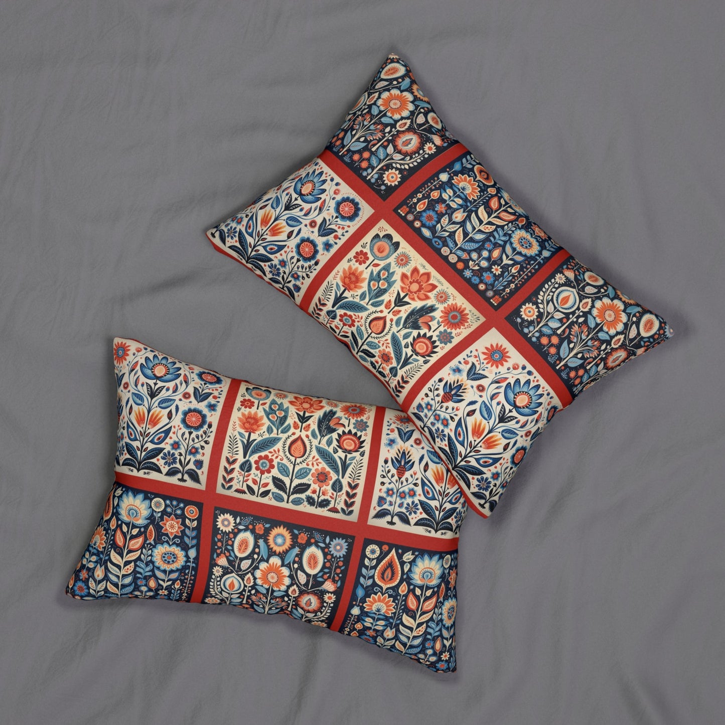 Scandi Folk Art Lumbar Pillows, Boho Scandinavian Folk Art Styling Wedding Gift - FlooredByArt