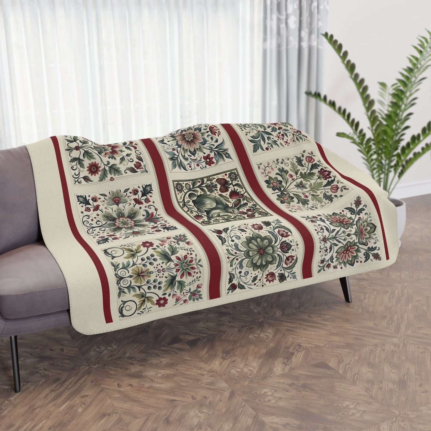 Scandi Ivory Folk Art Blanket, Original Scandinavian Style Design, Ivory, Sage Green, Berry, Romantic Gift - FlooredByArt