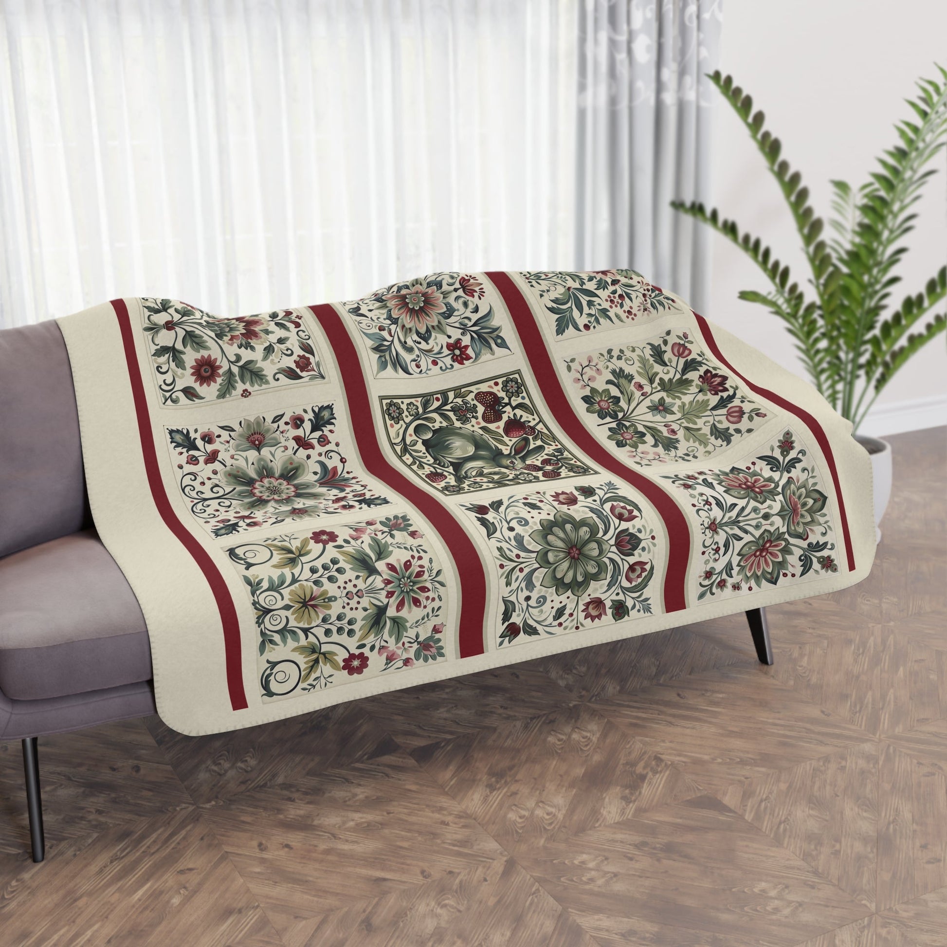 Scandi Ivory Folk Art Blanket, Original Scandinavian Style Design, Ivory, Sage Green, Berry, Romantic Gift - FlooredByArt