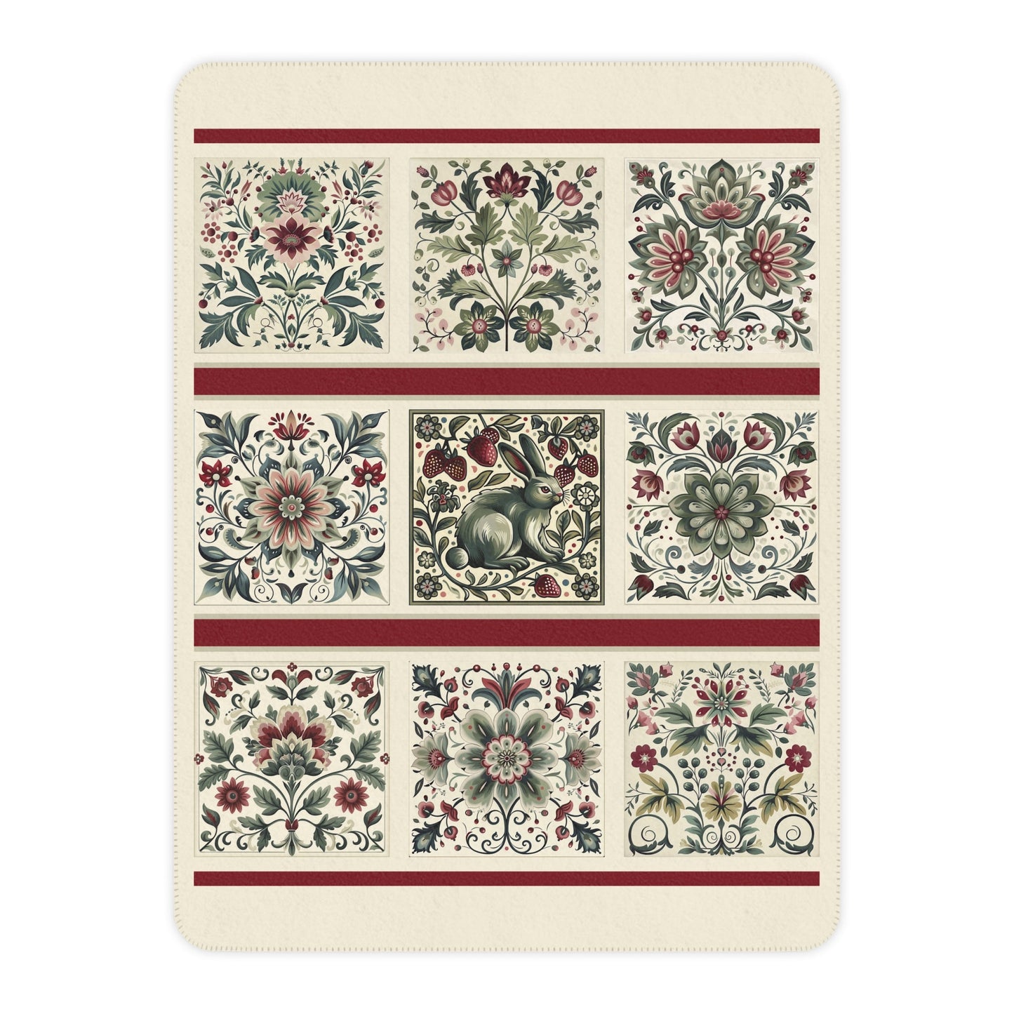 Scandi Ivory Folk Art Blanket, Original Scandinavian Style Design, Ivory, Sage Green, Berry, Romantic Gift - FlooredByArt
