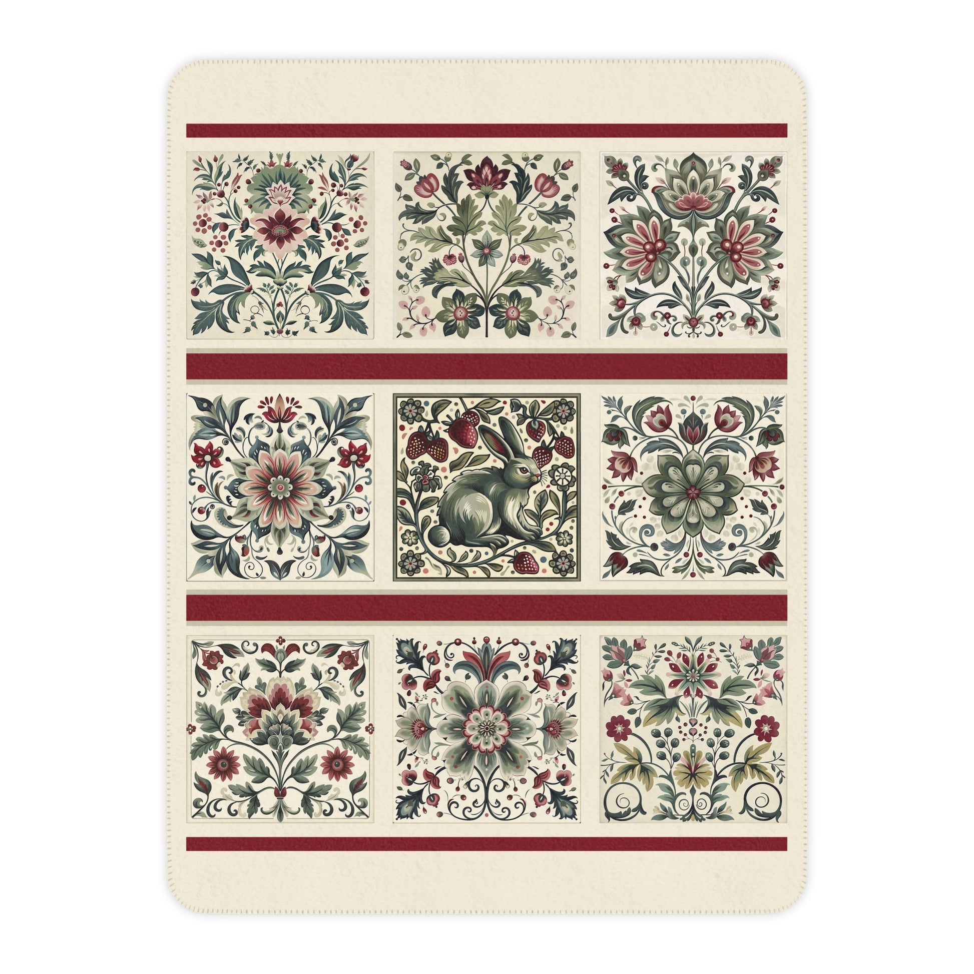Scandi Ivory Folk Art Blanket, Original Scandinavian Style Design, Ivory, Sage Green, Berry, Romantic Gift - FlooredByArt