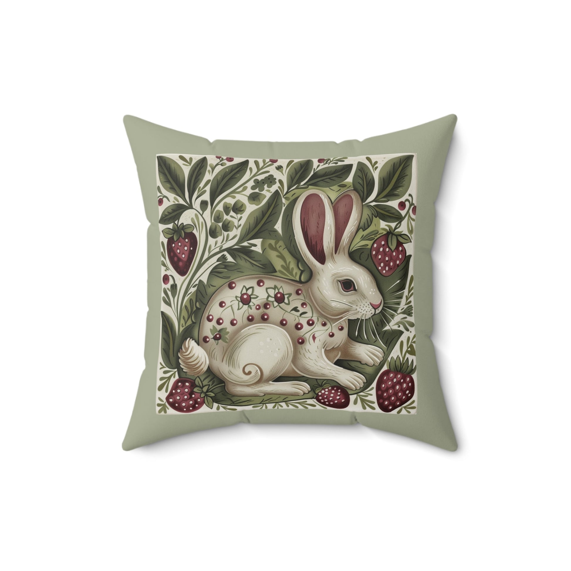 Scandi Style Rabbit and Berries Throw Pillow, Whimsical Folk Art, Scandinavian - FlooredByArt