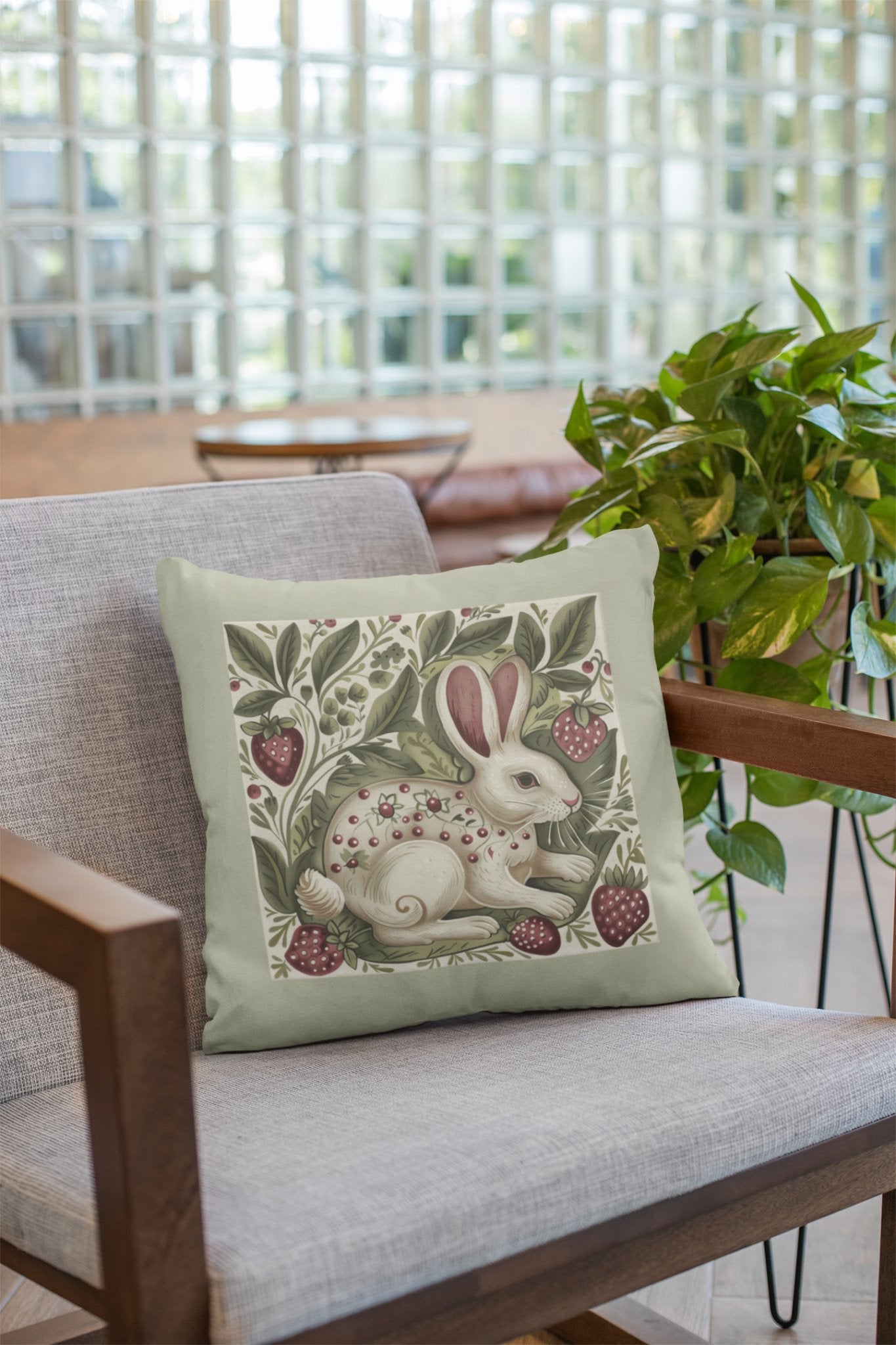 Scandi Style Rabbit and Berries Throw Pillow, Whimsical Folk Art, Scandinavian - FlooredByArt
