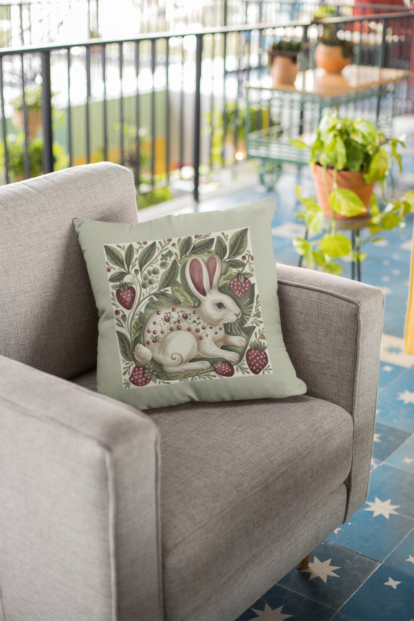 Scandi Style Rabbit and Berries Throw Pillow, Whimsical Folk Art, Scandinavian - FlooredByArt