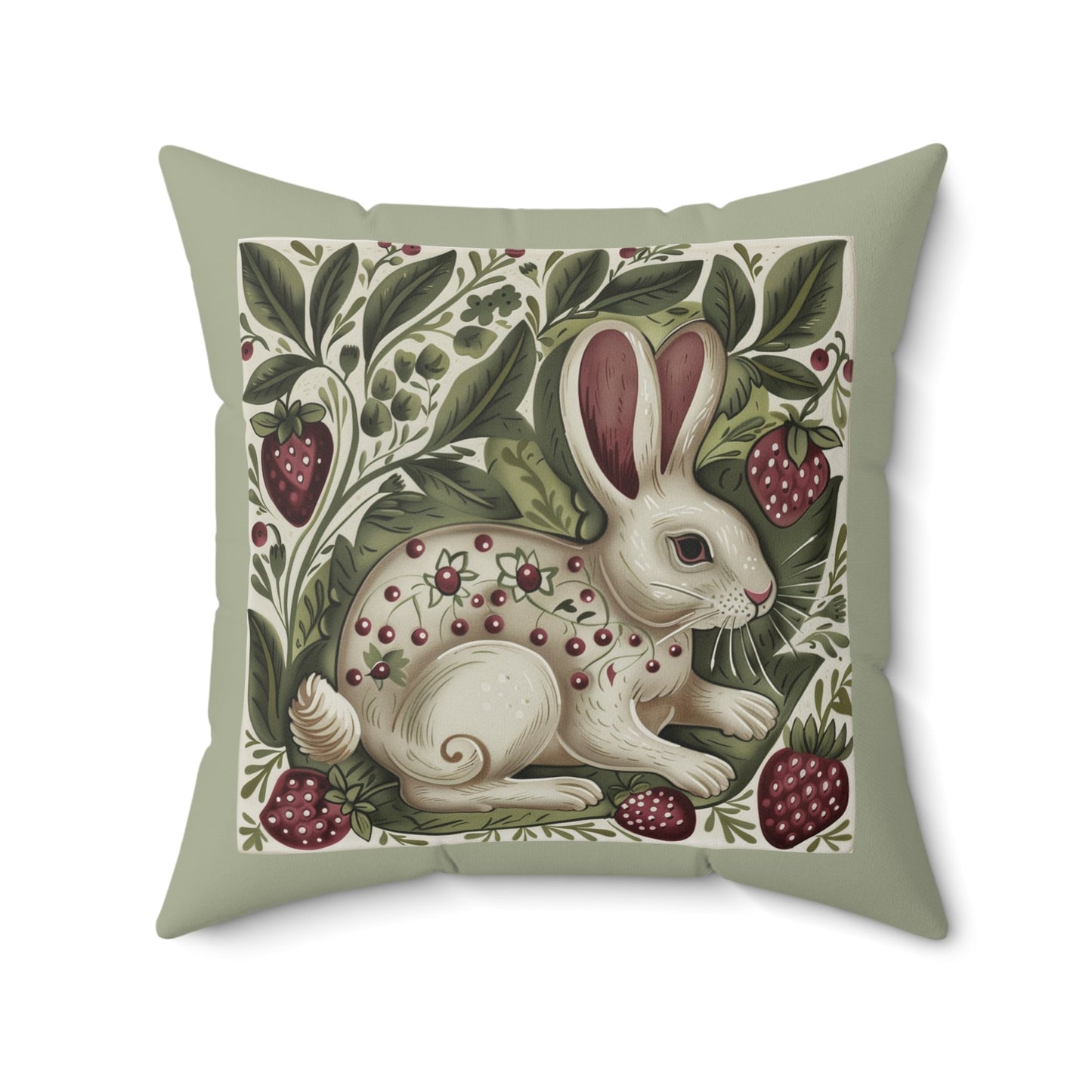 Scandi Style Rabbit and Berries Throw Pillow, Whimsical Folk Art, Scandinavian - FlooredByArt