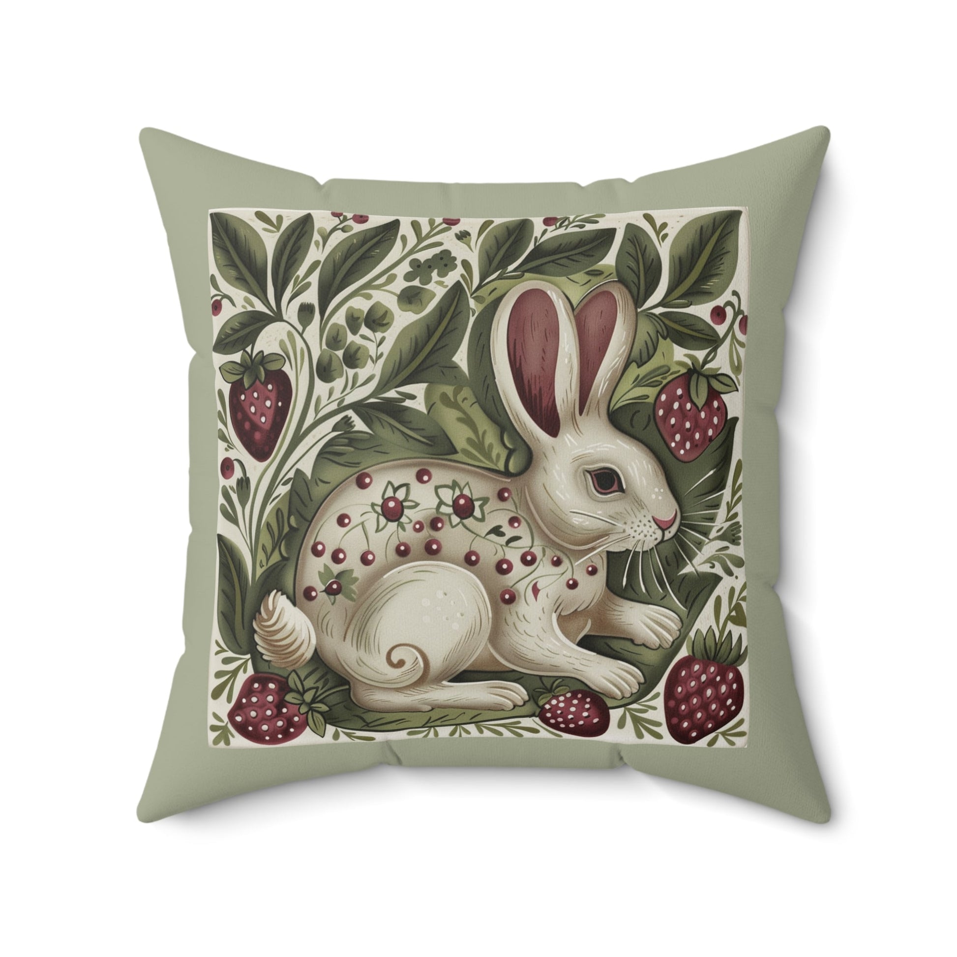 Scandi Style Rabbit and Berries Throw Pillow, Whimsical Folk Art, Scandinavian - FlooredByArt