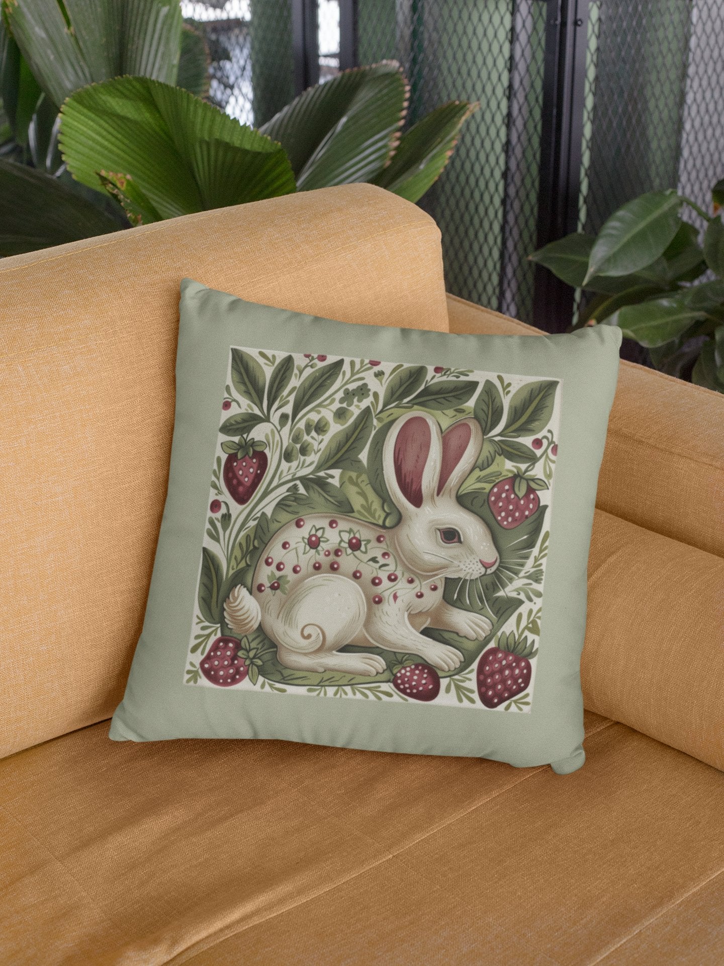 Scandi Style Rabbit and Berries Throw Pillow, Whimsical Folk Art, Scandinavian - FlooredByArt