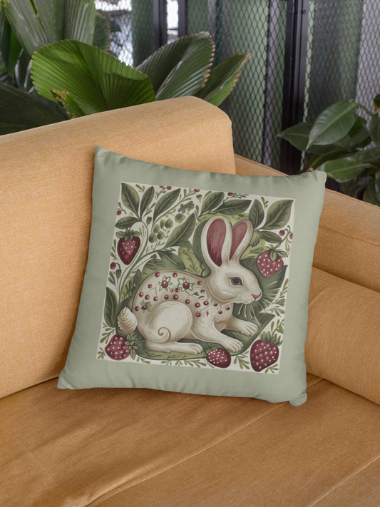 Scandi Style Rabbit and Berries Throw Pillow, Whimsical Folk Art, Scandinavian - FlooredByArt