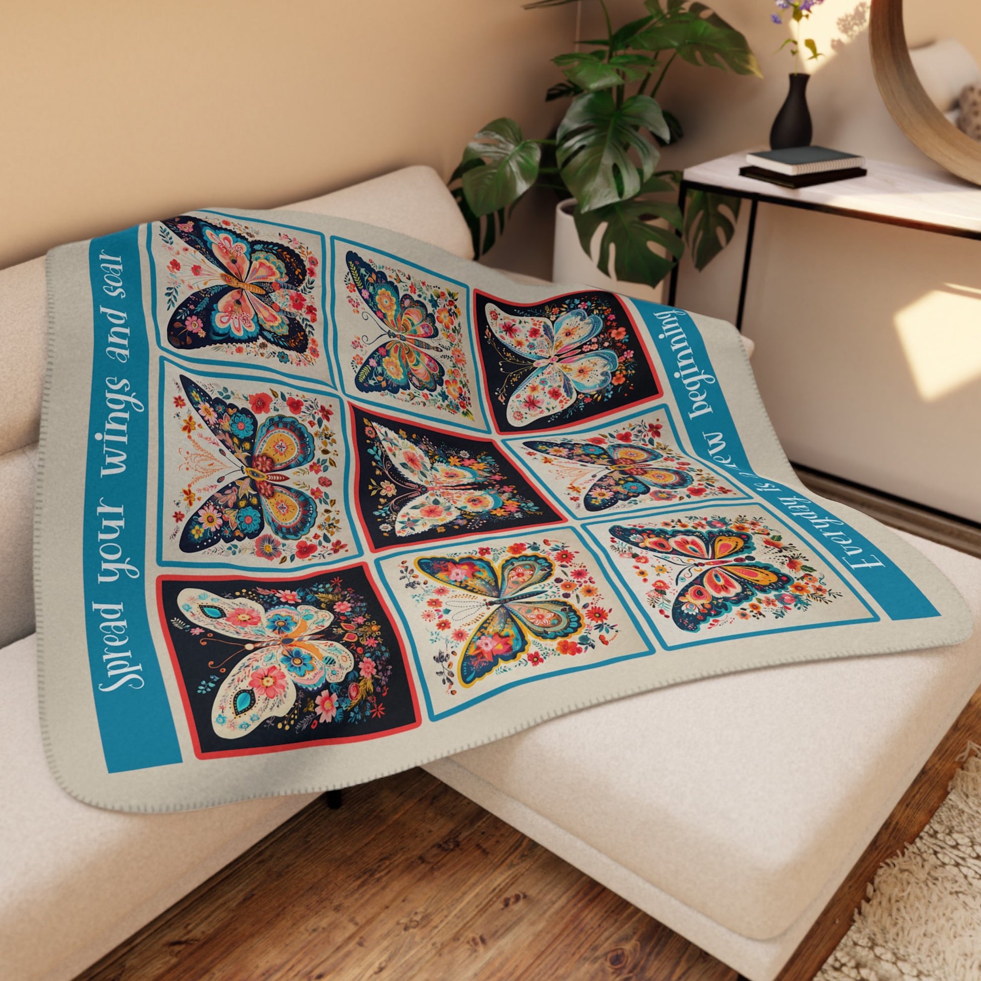 Scandia Folk Art Butterfly Blanket Throw, Joyful Boho Fleece Art with Soft Minky Top - FlooredByArt